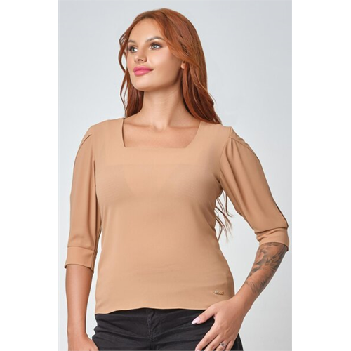 Tara Beige Square Neck Slit Sleeve Top