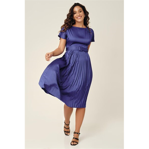 Tara Blue Pleated Dress With Belt