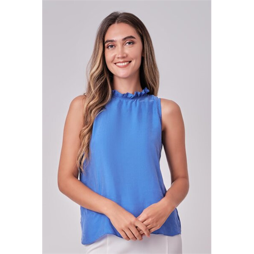 Tara Blue Sleeveless Ruffle Neck Top