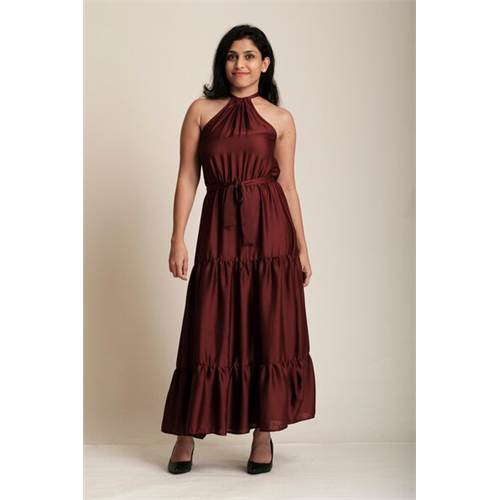 Tara Maroon Haulter Neck Maxi Dress