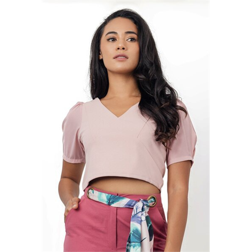 Tara Pink Puffed Sleeve V-Neck Crop Top