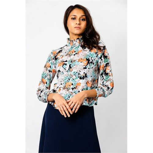 Tara Printed Flutter Sleeve Neck Smoked Top