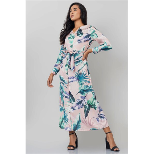 Tara Printed Tie Up Button Down Midi Dress