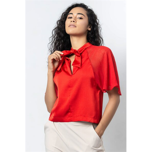 Tara Red Flutter Sleeve Tie Up Top