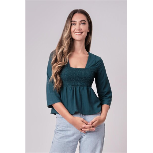 Tara Teal Wide Sleeve Front Smocked Top