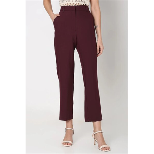 Vero Moda Chic Solid Maroon Ankle-Length Trousers