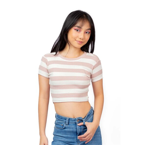 Biconic Pink & White Striped Back Cut Out Tie Up Rib Tshirt