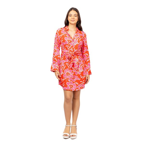 Odel Pink & Orange Floral Printed Long Sleeve Waist Tie Up Half Placket Mini Dress