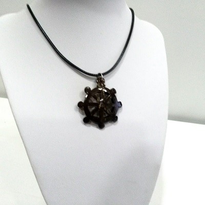 Coconut shell pendant 0026 necklace, Dharmachakra pendant