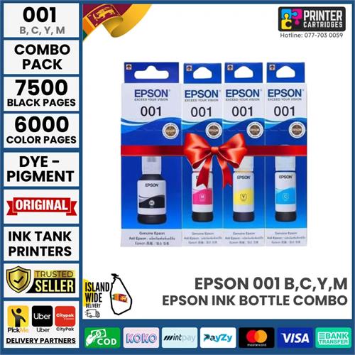 Epson 001 Black, Cyan, Magenta, Yellow Ink Bottles Combo Pack