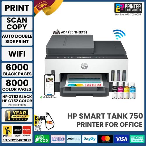 HP Smart Tank 750 Printer Print, Scan, Copy, Duplex 6UU47A
