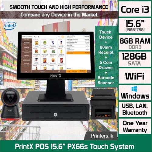 PrintX POS 15.6 PX66s Touch System + 80mm Thermal Printer + Cash Drawer + 1D Scanner
