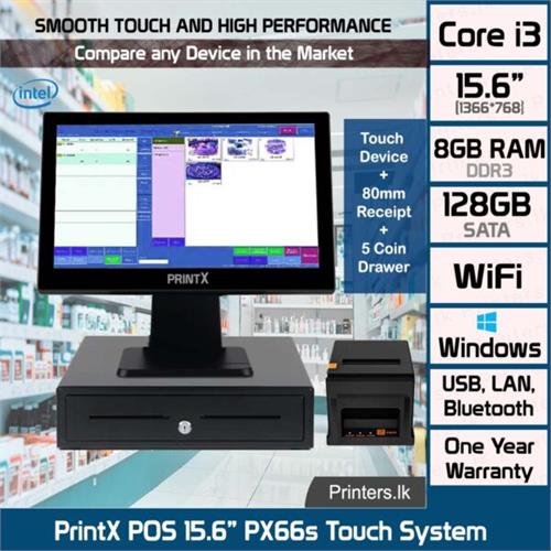 PrintX POS 15.6 PX66s Touch System + 80mm Thermal Printer + Cash Drawer