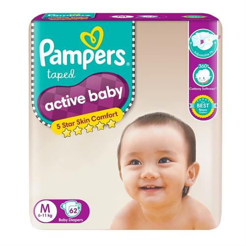 Pampers Taped Diapers Medium 62 Pcs (6-11 KG)