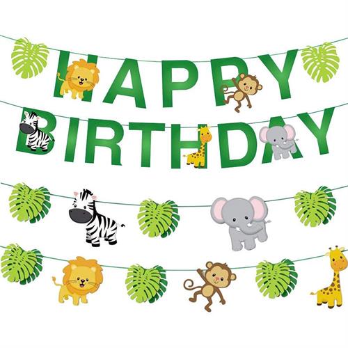 Jungle Animal Themed Happy Birthday Banner - Animals, Letters, Leaves