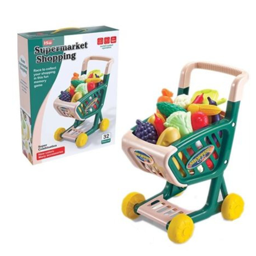 32 Pcs Shopping Cart for Groceries Supermarket Trolley Toy Set (3+ Years)