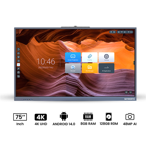 Skyworth 75" 4K UHD Smart Touch Display   Android 14   8GB+128GB SSD   48MP AI Camera   Tarnish Finish