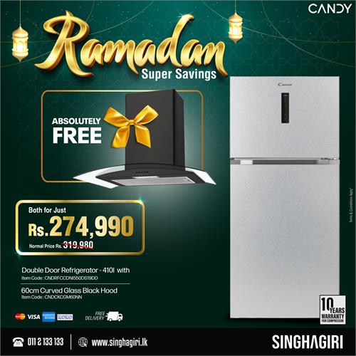 Candy double door refrigerator -410L + Candy Curved 60cm Glass Hood Black Painted Body + Tempered Glass