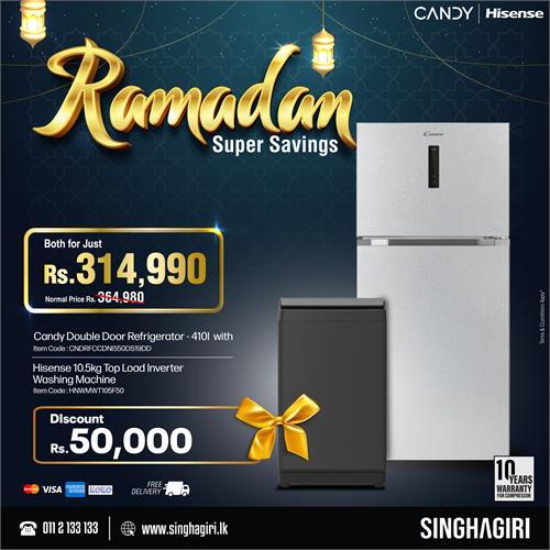 Candy double door refrigerator -410L + Hisense 10.5kg Top Load Inverter Washing Machine
