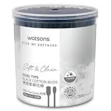 Watsons Soft & Clean Dual Tips 200 Black Cotton Buds (Paper Shaft)