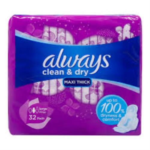 Always Clean & Dry Maxi Thick & 32 Pads (Large Wings)