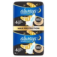 Always Ultimate Night Max Protection 12 Pads With Wings Size 6