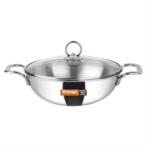 Orange Stainless Steel Deep Kadai 2.0L 20cm Diameter Induction Friendly Silver Triply Glass Lid 