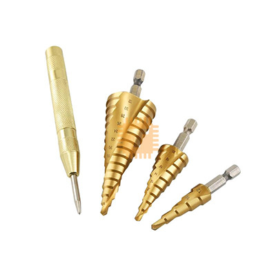 HSS Titanium Coated Step Drill Bit 4-32mm with Automatic Center Puncher 4pcs Set (TA1078)