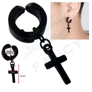 Single Non Pierced Men Earring with Cross - Black