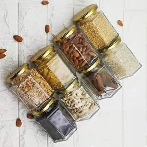 Hexagonal Jar with Gold Lid 300ml Glass Spice Storage Contai
