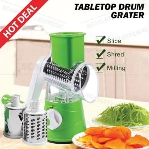 Tabletop Drum Grater/Counterpointed Plastic Drum Slicer incl. 3 Different Drums Made of Stainless Steel