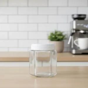 White Hexagonal Glass Jars with Assorted Color Lids 300ml