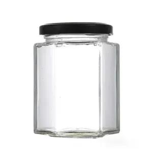 Black-300ml Glass Hexagonal Jar with Black Lid