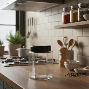 Black Hexagonal Glass Jars with Assorted Color Lids 300ml