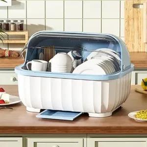 Blue Plastic Dish Drying Rack with Lid