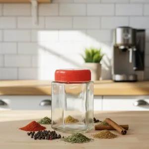 Red Hexagonal Glass Jars with Assorted Color Lids 300ml Re