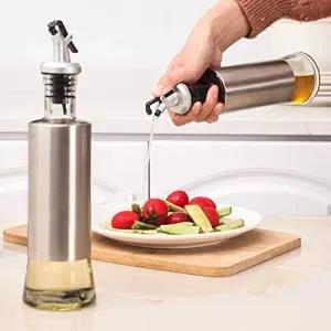 Silver Glass Oil Dispenser with Steel Cover Seasoning Glass