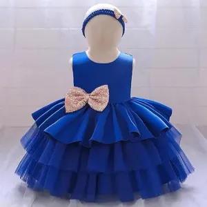 3-4Y,Blue Baby Girls 1st Birthday Dress Kids Lace Mesh Sequ