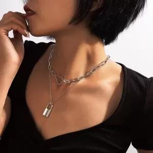 New Gen Silver Color Heart & Lock Pendant Necklace