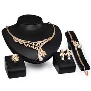 Leaf Design Faux Pearl Choker Earring Ring Set