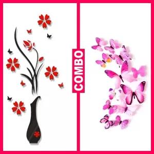 Combo of 12 Pieces 3D Butterfly + Red 3D Flower Vase