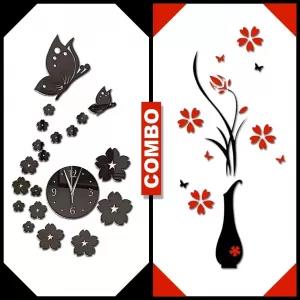 Combo Of 3D Butterfly And Clock + Vase Wall Decoration Stick