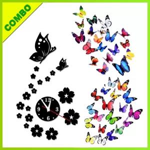 Combo Of Modern 3D Butterfly And Clock + 24pcs Butterfly Wal