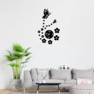 Black 3D Modern Acrylic Butterfly Flower Mirror Wall Clock -