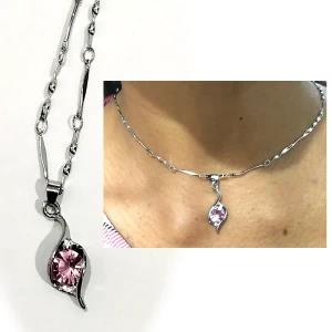 Stainless Steel Necklace With Pink Crystal Pendent