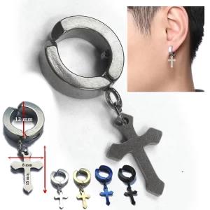 Single Non Pierced Men Earring with Cross - Silver