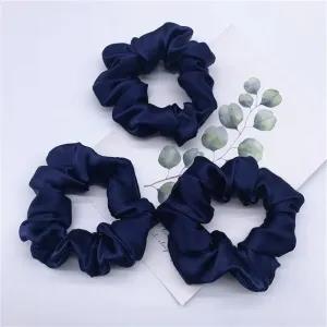 M,Dark blue 3 Peices 100% Pure Silk Hair Scrunchie Hair Tie