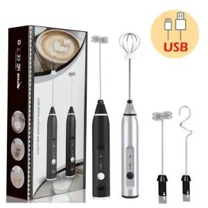 White Electric Milk Frother Double Whisk Handheld Coffee Foa