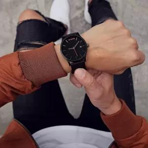 Generic Date Watch Black Leather Stripe