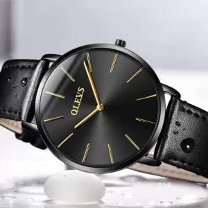 OLEVS Black Men's Casual Leather Strap Watch